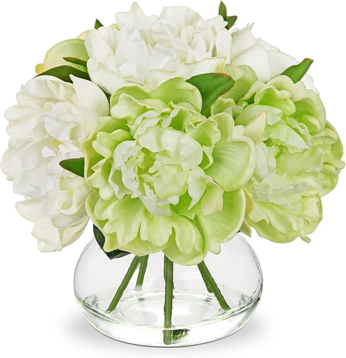 Hollyone White and Green Peonies Artificial Flowers by Hollyone