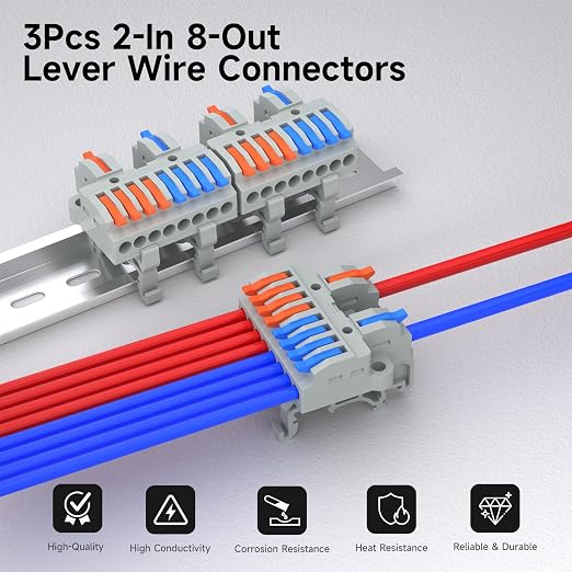 3Pcs Lever Wire Connectors, 2 in 8 Out, 4-2.5 mm² | 4-2.5 mm² Quick Wiring DIN - Image 2