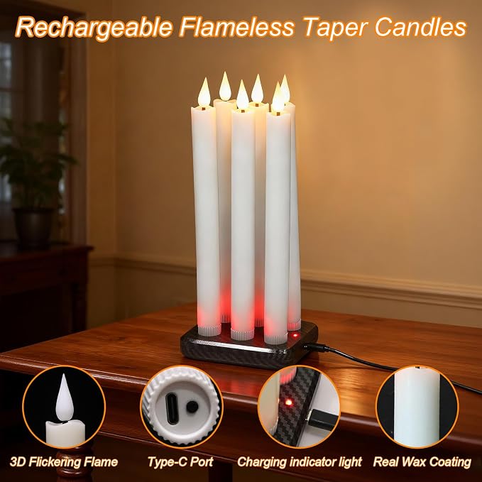 GenSwin Rechargeable Flameless Taper Candles Charging Base & 2 Remote White | - Image 3