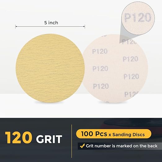 HARFINGTON 100 Pcs 5 Inch Sanding Discs 120 Grit Yellow Aluminum Oxide | Hook - Image 2