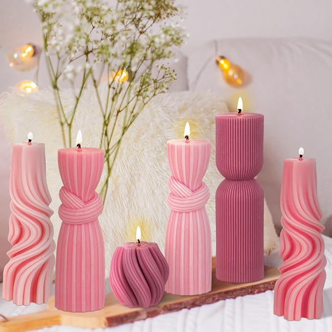 Threlaco 6 Pcs Pink Pillar Candles Decorative Modern Aesthetic Ribbed Candle - Image 7