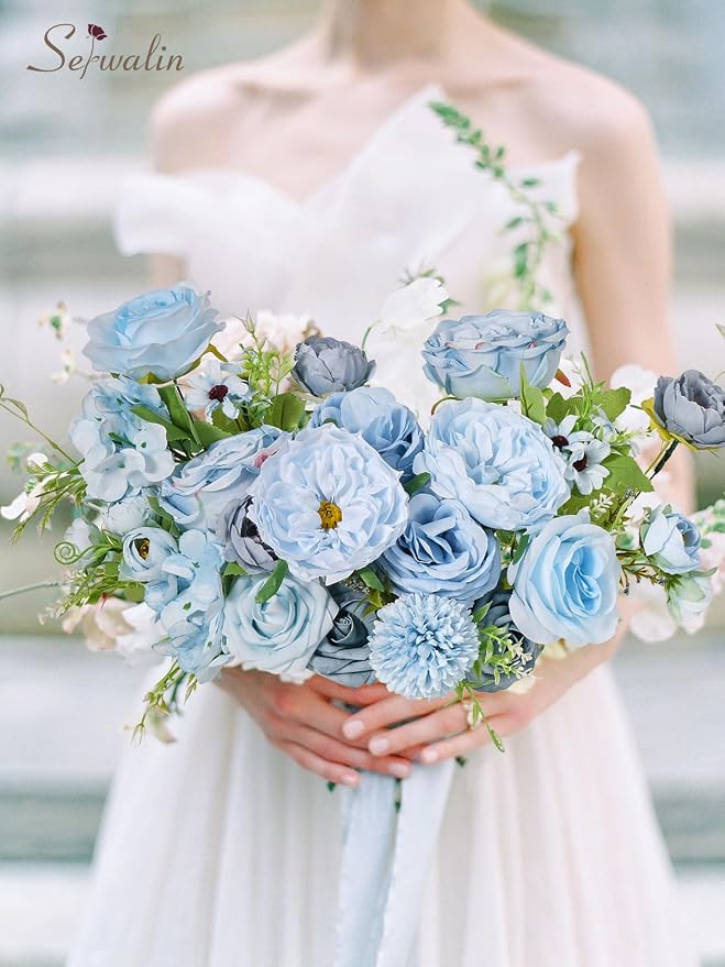 Serwalin Artificial Flowers, Light Blue Silk Fake Flowers - Image 7