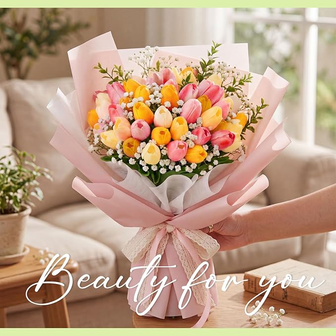 Janinka 84pcs Artificial Tulip Flowers Fake PU Tulips Faux Latex Bouquet Flower - Image 3