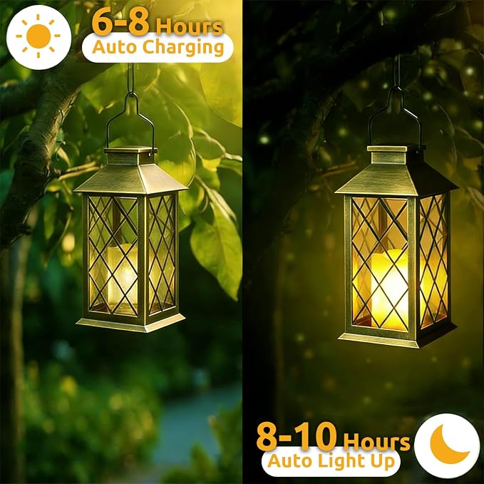 2 Pack 14" Large Tempered Glass Solar Lanterns Outdoor Waterproof | Bronze - Image 5