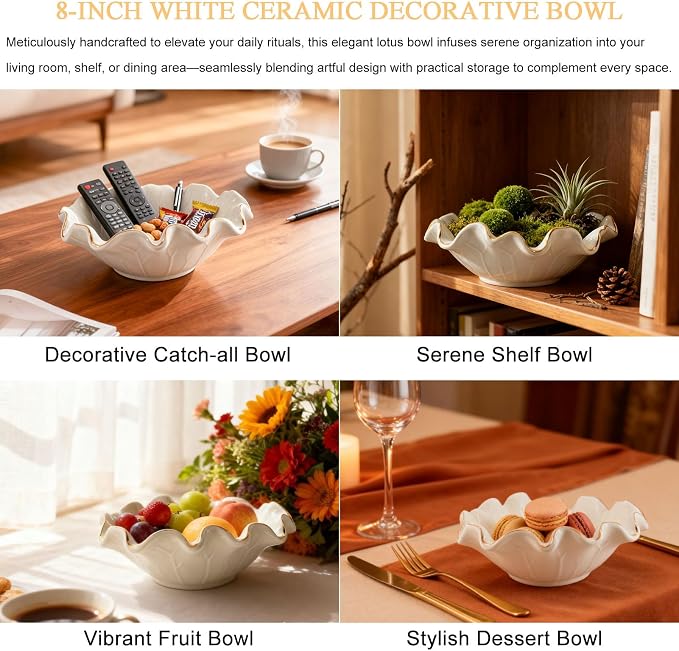 Handcrafted 8" White Ceramic Ruffle Bowl - Image 5
