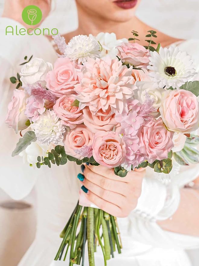 Alecono Light Pink Artificial Flowers, Silk Fake Roses Floral Set | - Image 5