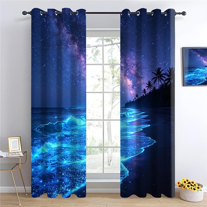 Beach Curtains for Bedroom Blackout, Fluorescent Beach Curtains, Coconut Tree - Image 3