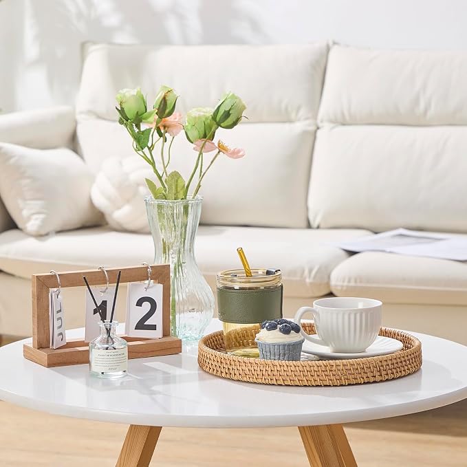 Round Rattan Tray with Mother of Pearl Inlay, Rattan Serving Tray with Wooden - Image 4
