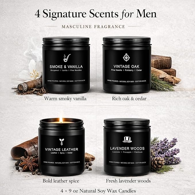 Scentes Candles Set for Men, 4 Pack Mens Masculine Soy Candles | Leather - Image 2