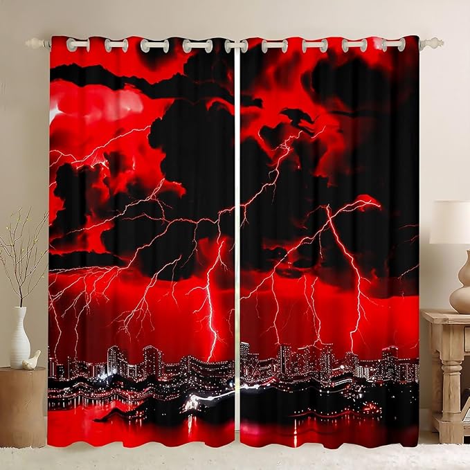 jejeloiu Red Thunder Lightning Window Drapes Cool Flashing Lightning Blackout by jejeloiu