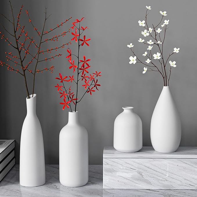 White Ceramic Vase Set of 4, Modern Farmhouse Decorative Vases - Image 5