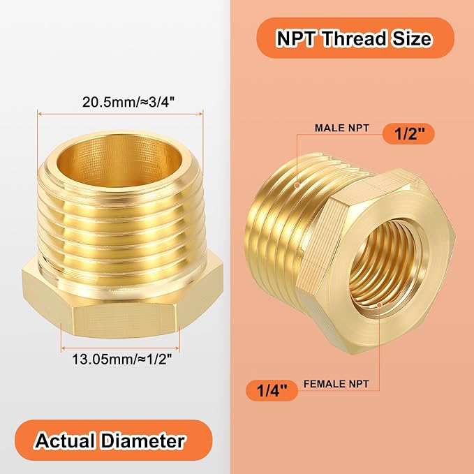 15 Pack Male to FeMale Adapters, 1/2" Male NPT x 1/4" FeMale NPT Brass Hex - Image 2