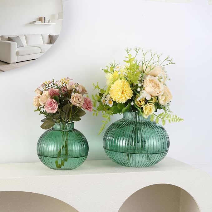 Green Glass Vases for Tulips, Flower Vases for Bouquet, Ribbed Glass Vase for - Image 3
