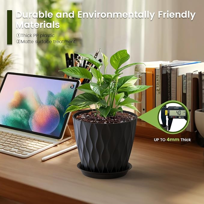 Meowell 7 inch Plant Pots for Indoor Outdoor Plants, 5 Pack Thick Flower Pots - Image 4