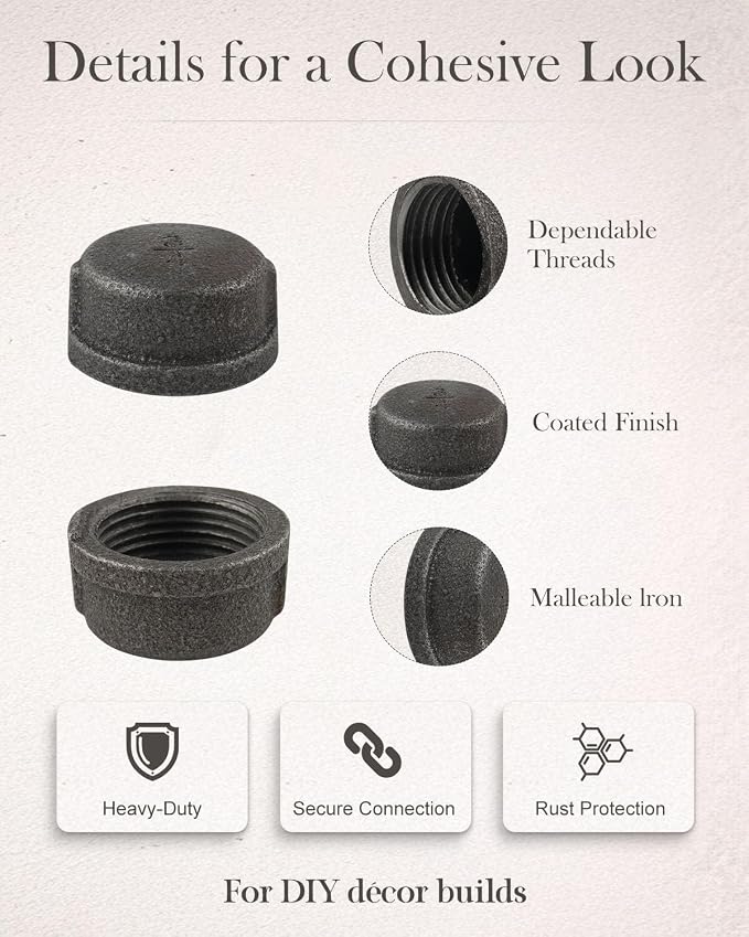 10 Pack 3/4" Malleable Cast Iron Pipe Cap, DIY furniture shelf decor, fits - Image 5