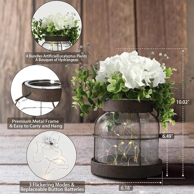 Farmhouse Glass Lantern Vase Vintage Flower Vases & Plants Hydrangea Lights | - Image 3