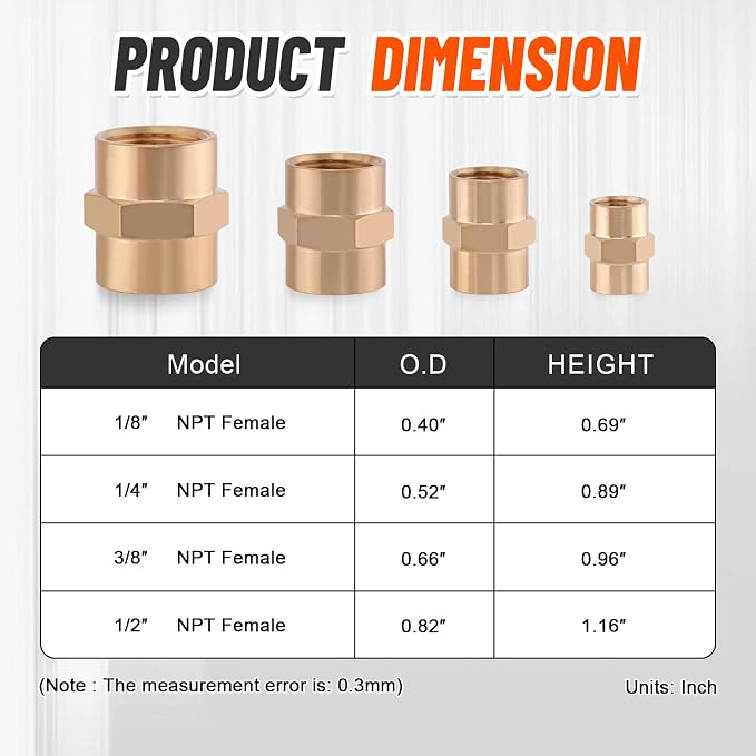 24Pcs Brass Pipe Fittings Hex Coupling Kit, 1/8" 1/4" 3/8" 1/2" NPT | 1/4 Inch - Image 5
