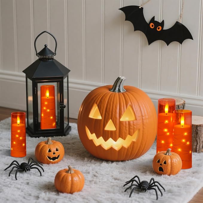 Raycare 9 Pcs Orange Halloween Flameless Pillar Candles - Image 9