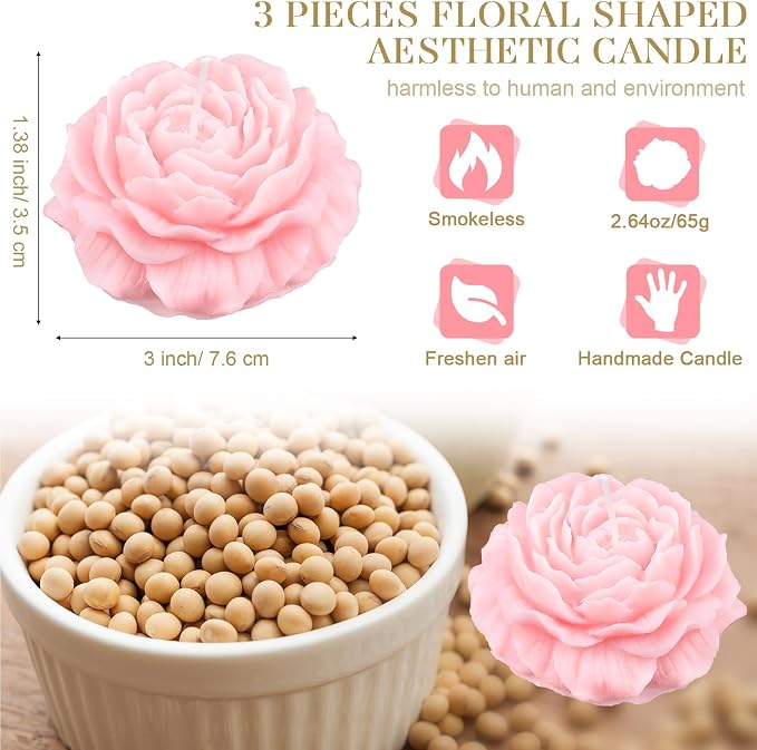 Roowest 3 Pcs Rose Flower Shaped Candles Soy Wax Handmade, Decorative - Image 2