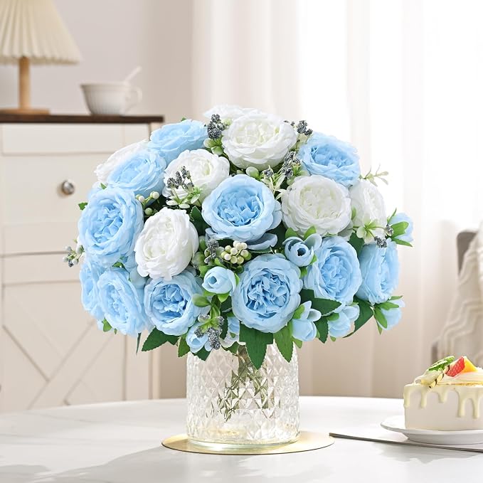 4 Packs Peonies Artificial Flowers Mixed White Blue Silk Artificial Peonies | - Image 7