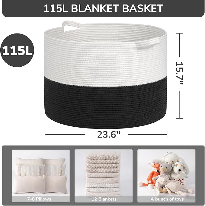 INDRESSME 115L Extra Large Woven Rope Blanket Basket Living Room WhiteBlack | - Image 2