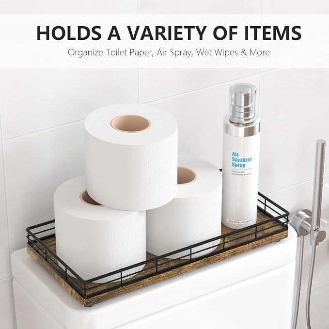 Toilet Paper Basket Organizer, Wood Toilet Tank Tray - Image 2