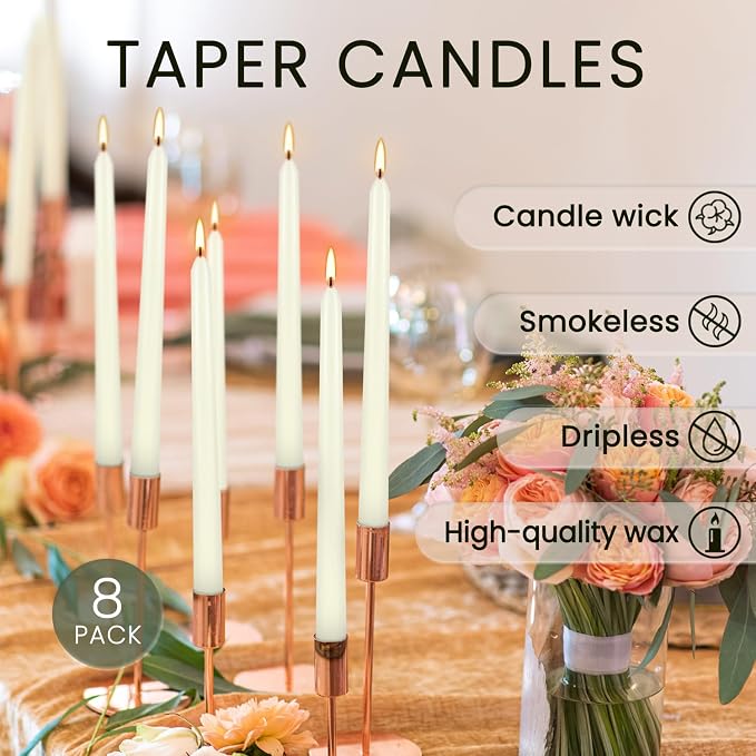 Howemon 8 Pack Ivory Taper Candles 10 Inch Tall 3/4 Inch Thick Burn 8 Hours - Image 3
