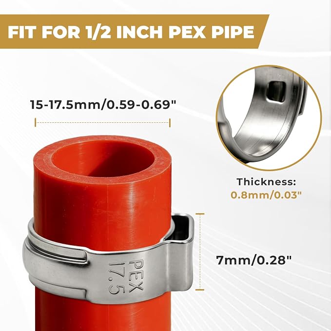 50 Pack 1/2 Inch PEX Cinch Clamps, 304 Stainless Steel PEX Crimp Rings - Image 3