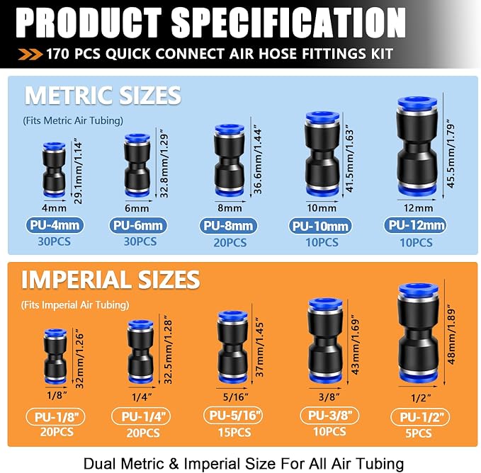 mankk 170PCS Push to Connect Fittings Metric & Imperial Air Hose Connectors | 5 - Image 2