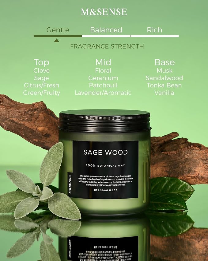 M&SENSE Sage Wood Scented Candles, 11.6oz 70 Hours All Natural Soy Wax | Clean - Image 2