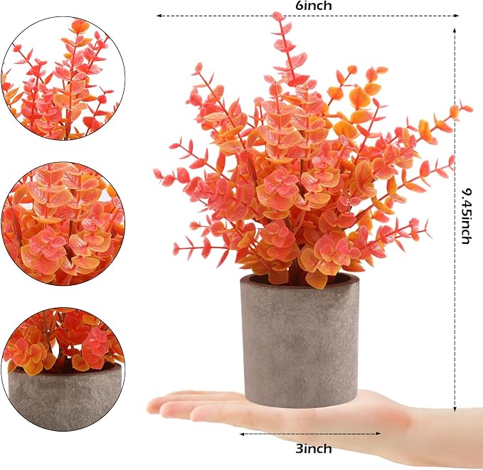Coferset 2 Pack Small Fake Plants Eucalyptus Potted, Fall Orange | Fall Small - Image 5