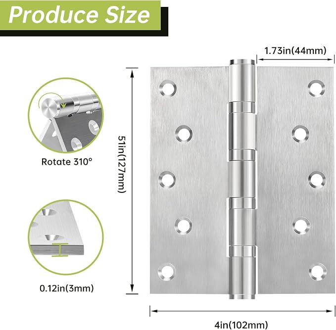 5" Ball Bearing Door Hinges 3 Pack, Heavy Duty Stainless Steel Hinge 5 x 4 Inch - Image 2