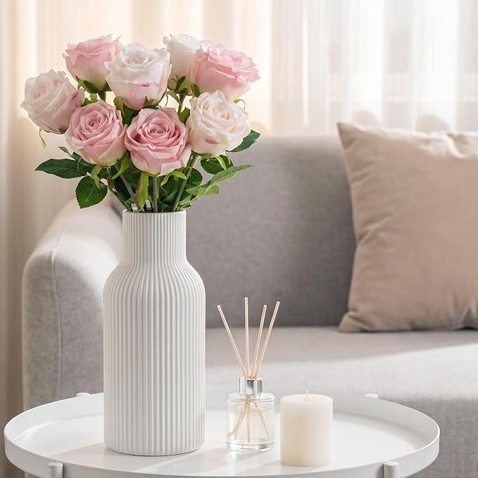 White Ceramic Vase, Modern Matte Ribbed Flower Vase - Image 7