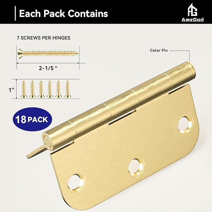 Door Hinges Satin Brass -18 Pack Gold Door Hinges 3.5 Inch Rounded Interior - Image 3