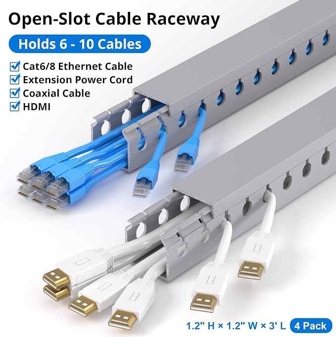 1.2"H x 1.2"W Cable Raceway, 12ft Under Desk Wire Management Channel, 4 Pack - Image 3