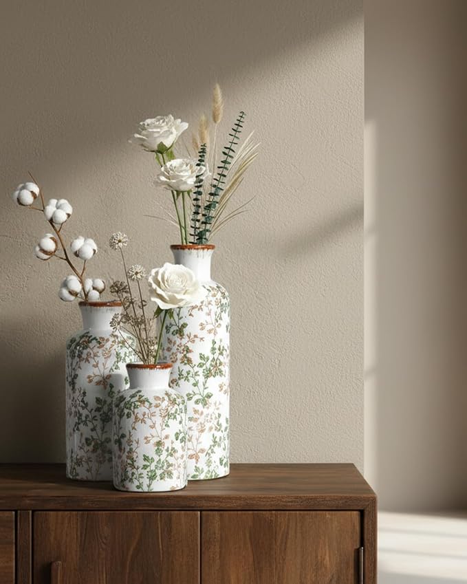 Brown and Green Ceramic Vase Set of 3, Vintage Botanical Vases - Image 4