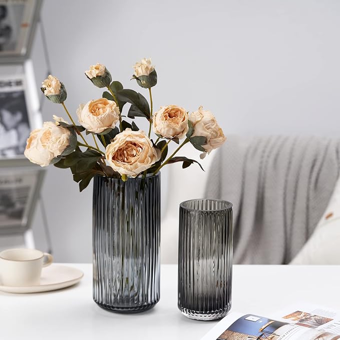 Flower Vase 10 inch Grey Thickened Hand Blow Glass Vase Round Vintage Striped - Image 4
