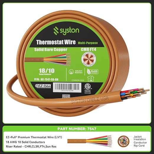 Syston 18/10 Thermostat Doorbell HVAC Heating Control Cable Wire, 100% Solid - Image 2