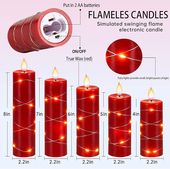 Red Flameless Candle with Remote Control LED Candle with String Lights Battery - Image 7