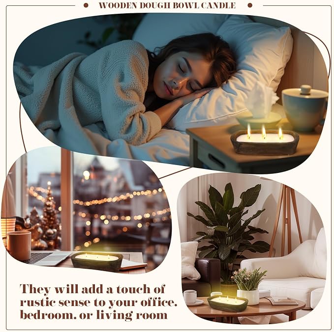 Threlaco 1 Pack 10 Inch Wood Dough Bowl Candles Home Rustic Dough Bowl Soy - Image 3