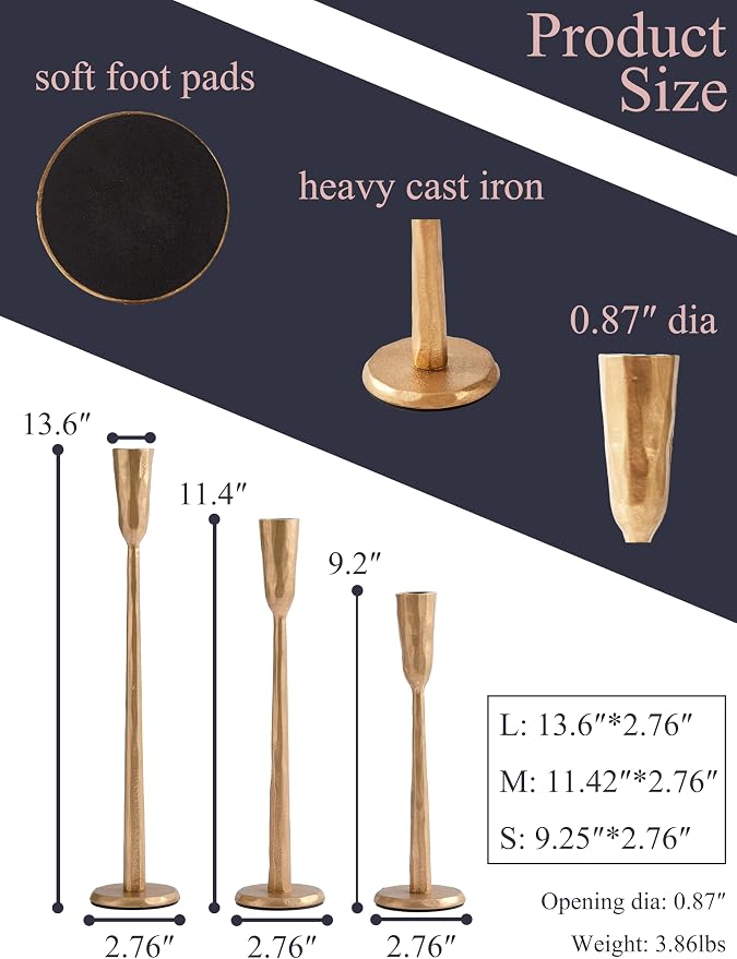 Gold Iron Taper Candle Holder Set of 3, Heavy Wrought Iron Candlestick Holders - Image 2