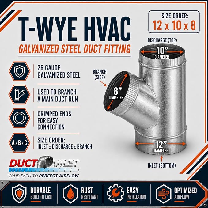 12" x 10" x 8" T-Wye HVAC Duct Fitting, 26 Gauge Galvanized Steel Round Duct - Image 2