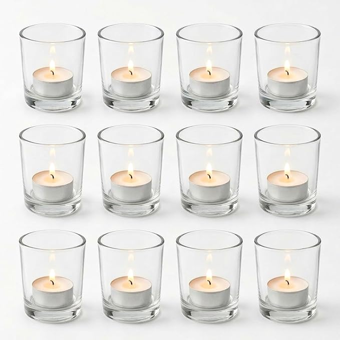 Letine 12-Pack Unscented Tea Light Candles & Glass Votive Holder, Long-Lasting by LETINE