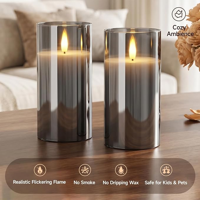 Homemory Grey Glass Flameless Candles, Real Wax, Remote Timer, 2 Pack | D3"xH6" - Image 8