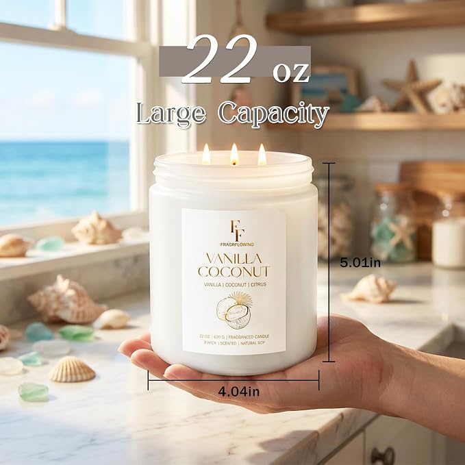 Vanilla Coconut Large Scented Candle, 3-Wick 22oz Long Lasting Scented Candle - Image 3