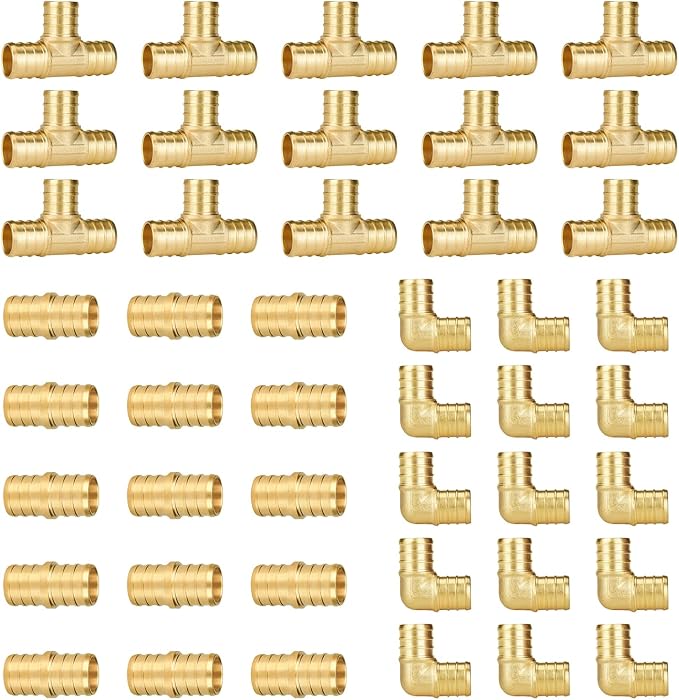 45-Pack 3/4 Inch PEX Fittings, 15 Each Elbow Tee Coupling Kit | Brass, PEX Pipe by SUNGATOR