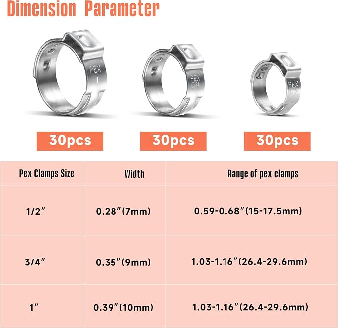90PCS Pex Crimp Rings Assortment, 1/2"+ 3/4"+1", 3 Sizes Heavy Duty 304 - Image 2