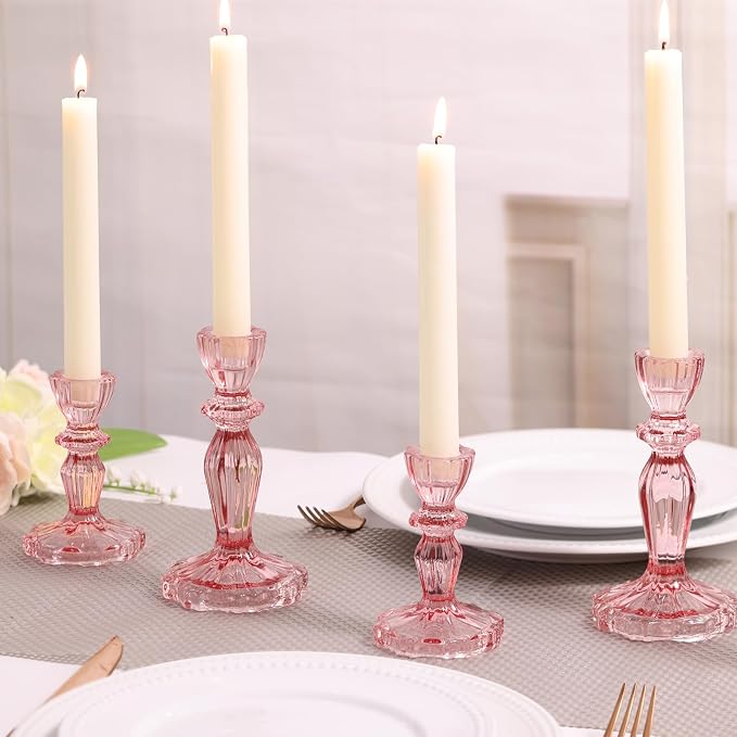 Pink Candlestick Holders Set of 6, Glass Taper Candle Holders | 4.3"H & 6.3"H - Image 8