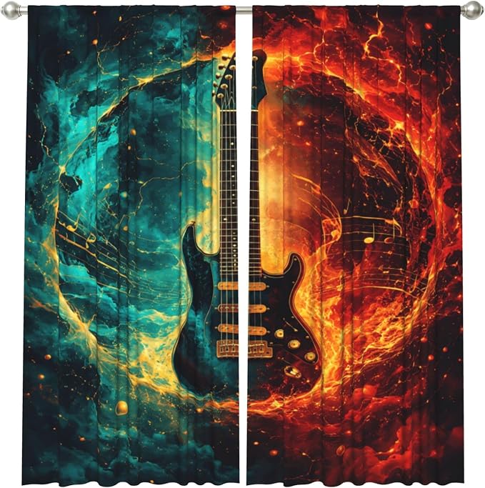 Electric Guitar Energy Window Curtains 2 Panels Set, 52 X 84 Inch Polyester - Image 2
