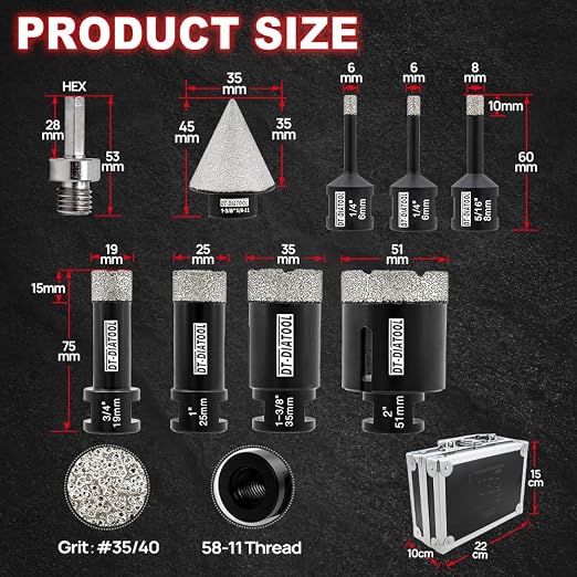 Diamond Core Drill Bits Set 9-Pack, DT-DIATOOL Diamond Tile Hole Saw Kit - Image 2